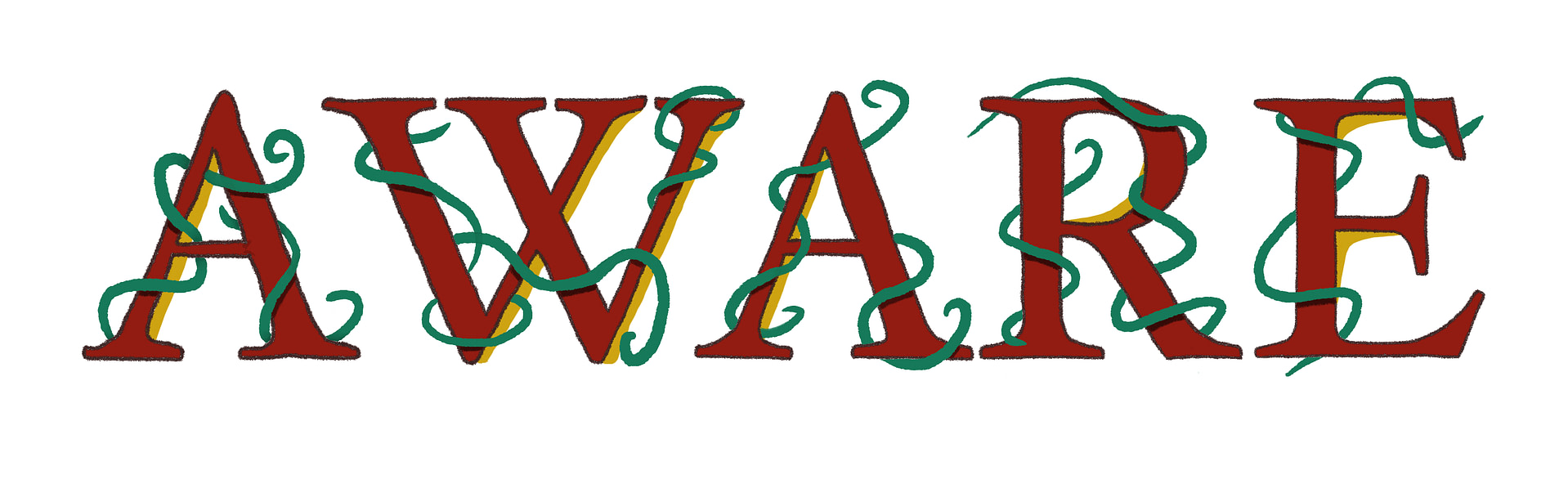a digital drawing of a red text that reads 'aware' with vines curled up all over