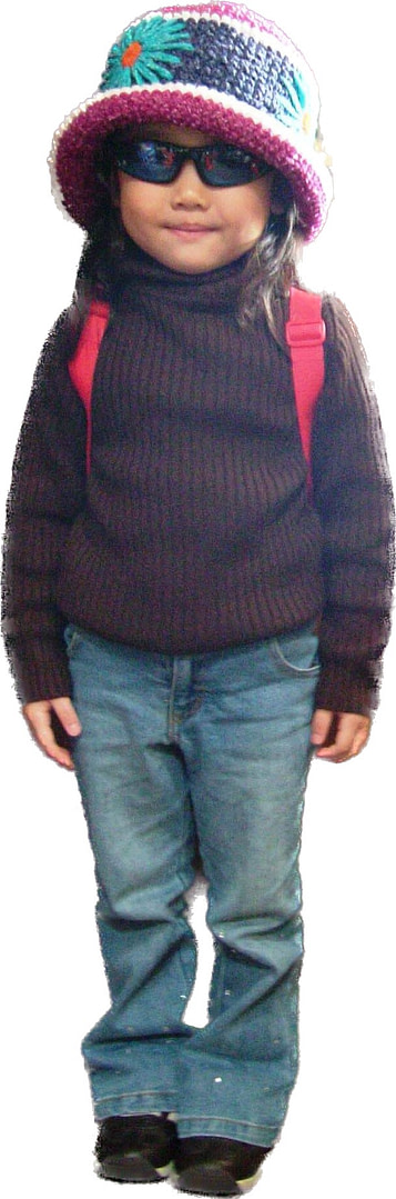 orono about 4 years old wearing sunglasses and a red backpack, looking cool